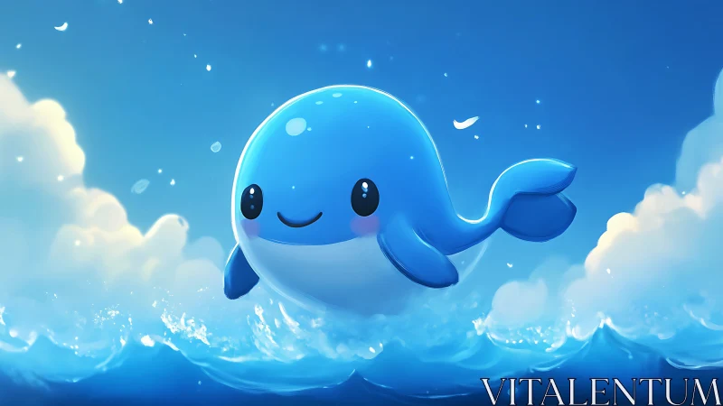 Kawaii blue whale character over stylized ocean waves.