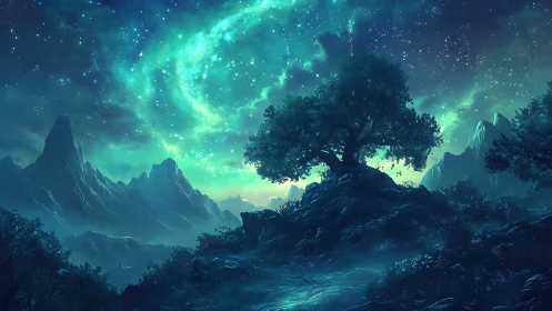 Starlit guardian tree crowns a teal soaked dream valley
