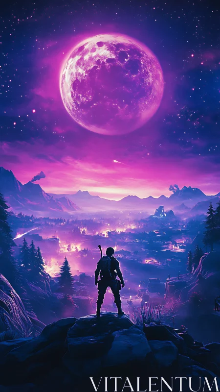 Lone warrior overlooking neon valley under massive moon.
