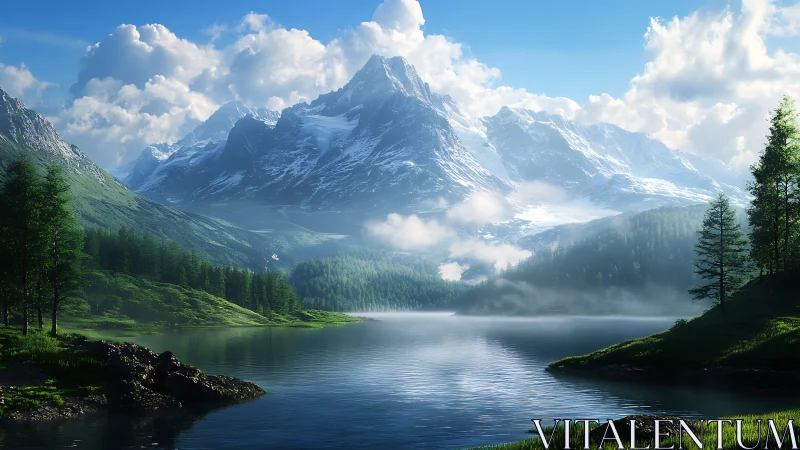 Glacial alpine lake beneath sunlit snow peaks and cumulus cloudbank.