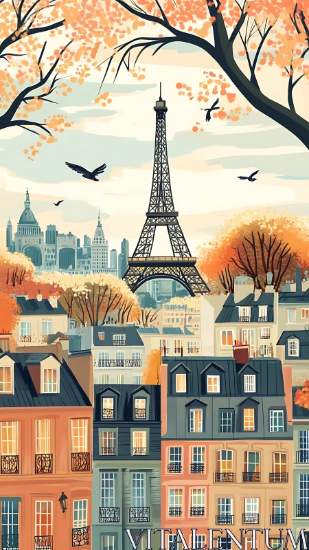 Autumn-kissed Paris rooftops cradle a dreamy Eiffel skyline.