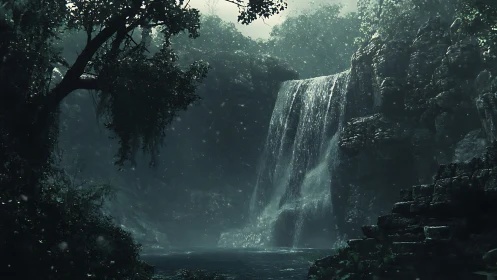 Mystical Waterfall Cascading Through Primordial Forest Mist.
