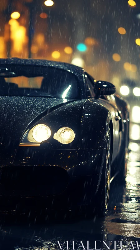 Midnight supercar glides through rainlit neon streets.