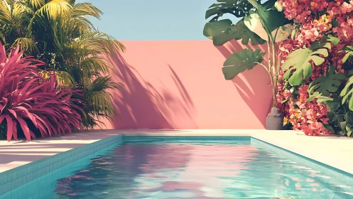 Rectangular pool with tropical plants and pink wall under sun.