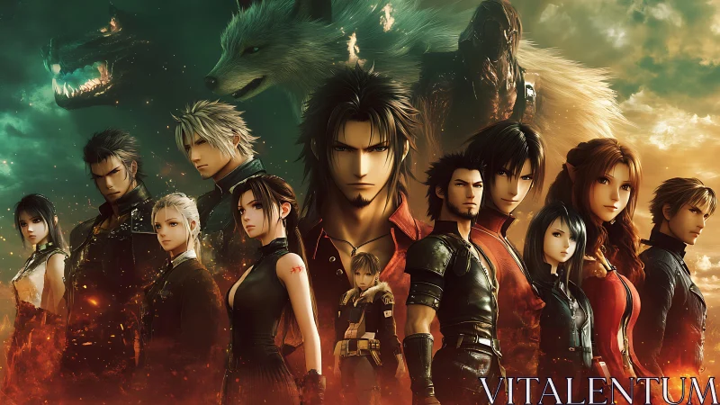 Heroic fantasy ensemble stands united before looming beasts.