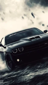 Black muscle car drifts through wet road under storm clouds