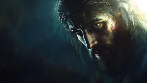 Sorrowful crowned figure gazes downward through dramatic light