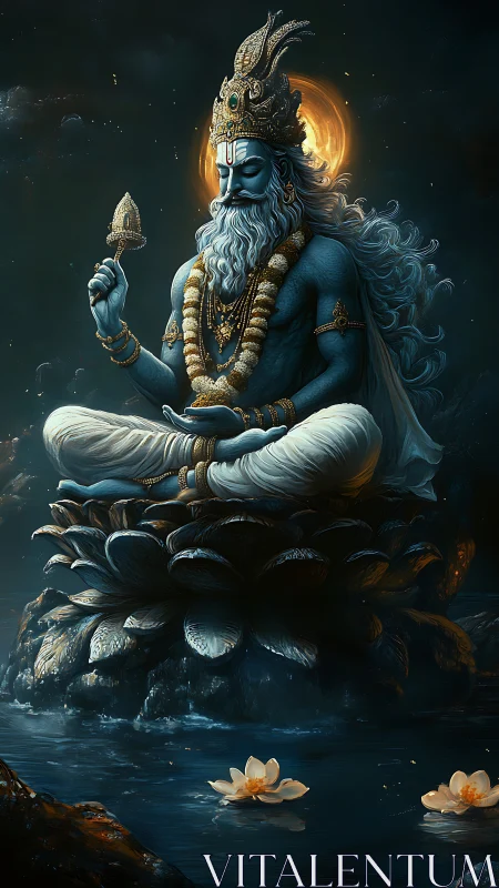 Divine blue deity meditating on luminous lotus throne.