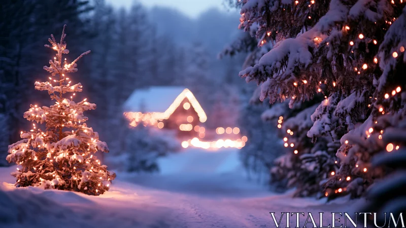 Snowlit firs whisper quietly toward the glowing winter cabin