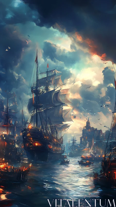 Storm-lit galleons enter blazing harbor at twilight.