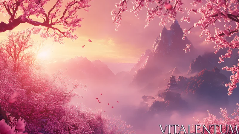Blossom-laden mountains breathe sunrise through rosy mist