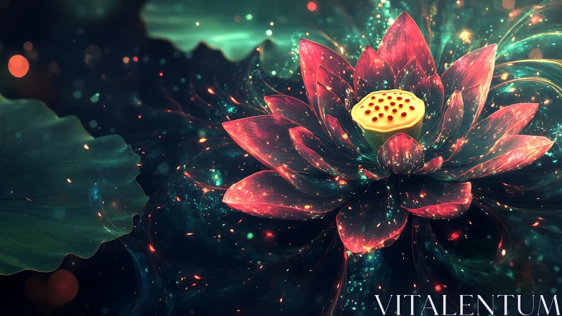Cosmic lotus bloom glows over dark ethereal water.
