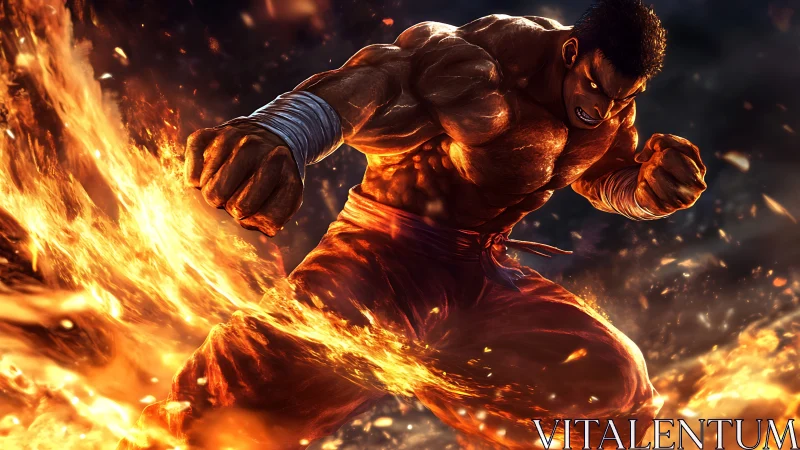 Flaming martial brawler unleashing explosive fiery power.