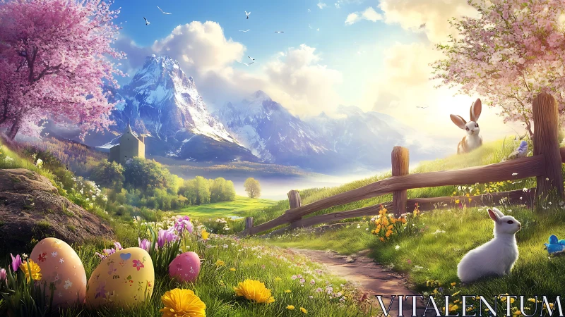 Spring valley landscape with rabbits, flowers and mountains.