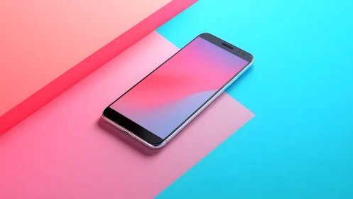 Modern smartphone on vibrant pastel geometric background.