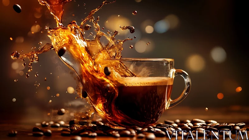 Coffee splash surges into glass cup with scattered beans