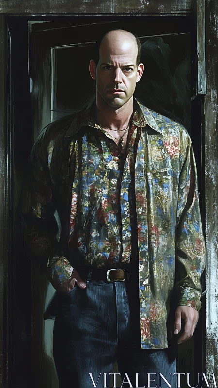 Stoic man in a doorway wearing a boldly patterned shirt.