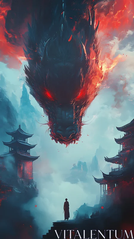 Giant fiery dragon head over misty temples and figure.