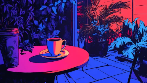 Neon garden café table basking in electric twilight hush.