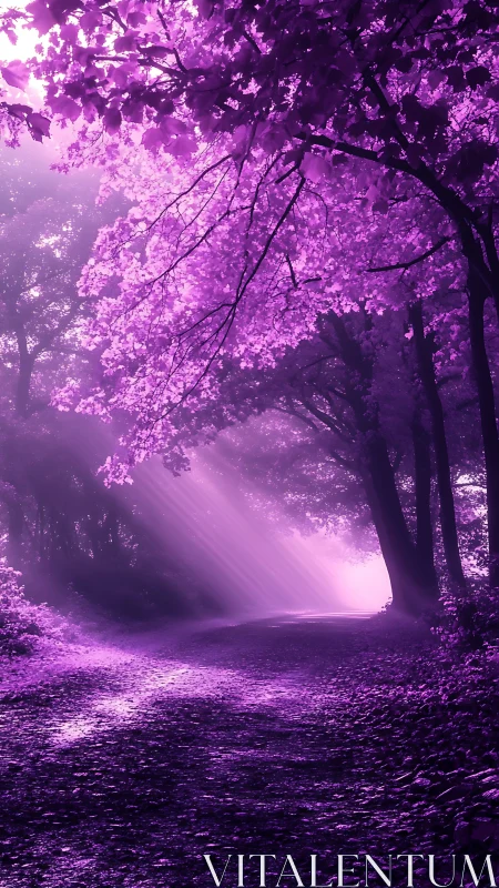 Violet Cathedral: Where Radiant Beams Pierce the Enchanted Forest Canopy