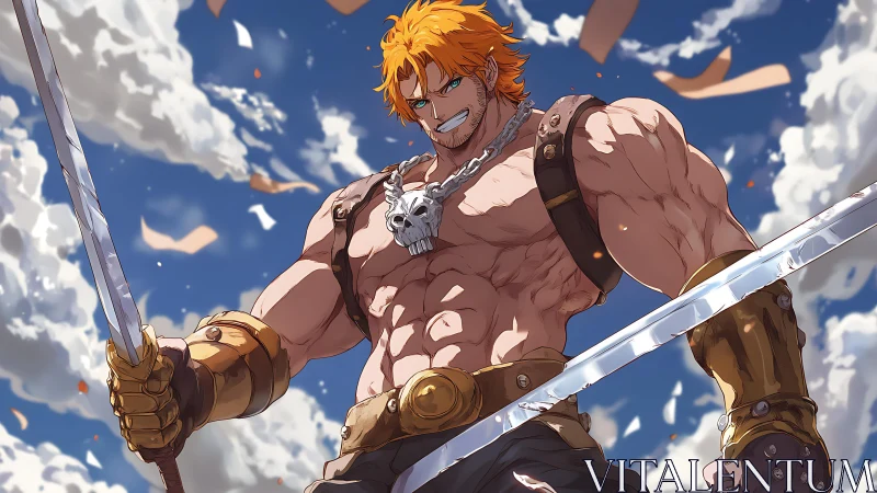 Battle-hardened warrior brandishes twin blades under clouds.