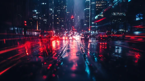 Cyberpunk rain-soaked avenue with neon vehicular light trails.