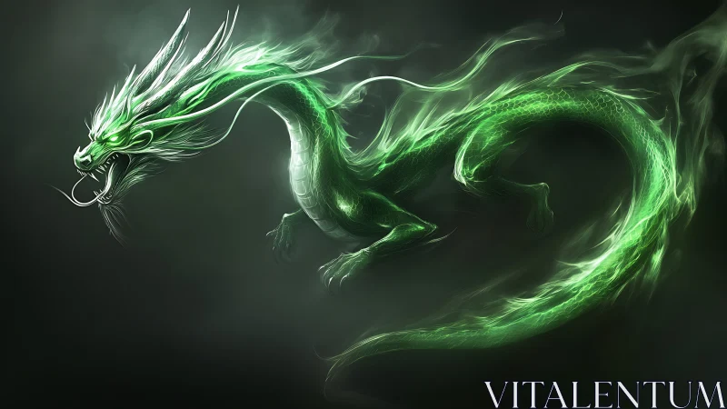 Glowing green serpentine dragon in dark swirling mist.