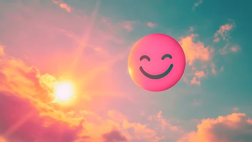 Atmospheric gradient sky with levitating 3D emoji sun sphere.