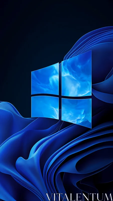 Windows style glass logo hovers over folded blue fabric forms