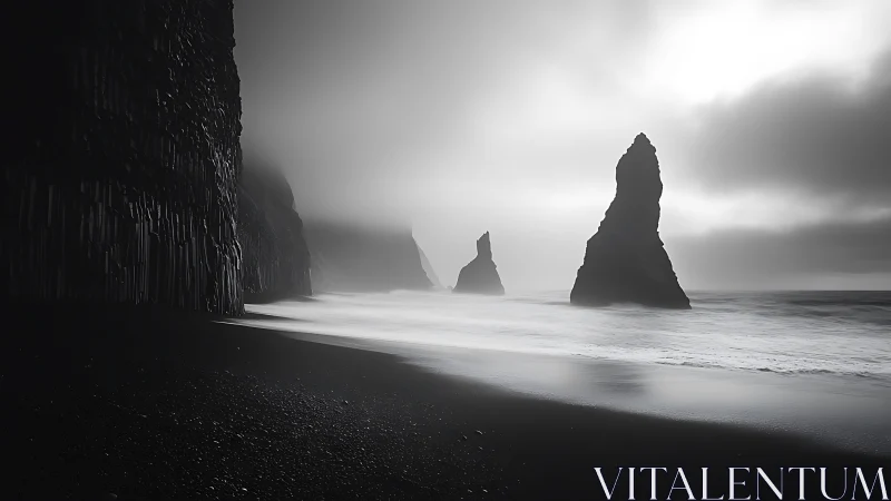 Basalt Sea Stacks Silhouettes Black Sand Beach.