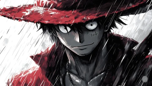 Anime character in red hat stands in heavy stylized rain