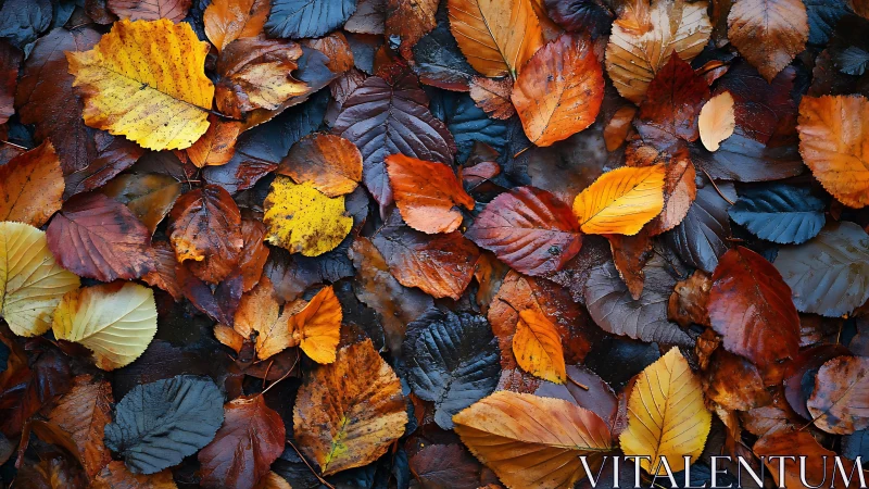 Colorful fallen autumn leaves form a vivid forest carpet.
