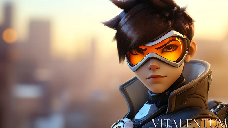 Armored sci fi hero portrait with orange visor and skyline