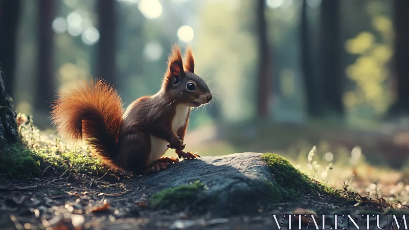 Red squirrel on mossy forest rock in soft morning light, realistic.