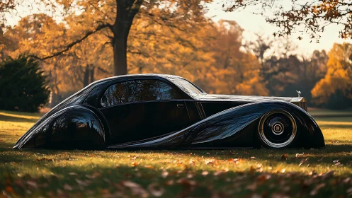 Midnight coupe glides low through autumn’s golden hush