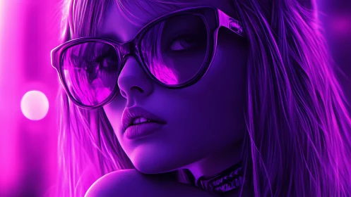 Neon-lit closeup of girl in oversized sunglasses, violet glow.
