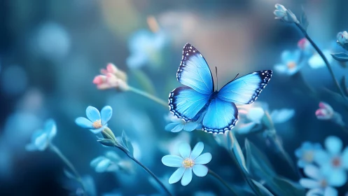 Iridescent blue butterfly hovering over dreamy blossoms.