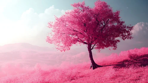 Digital painting of solitary pink tree on chromatic hillside.