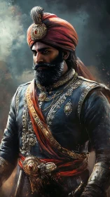 Regal warrior king stands in jeweled armor and crimson turban