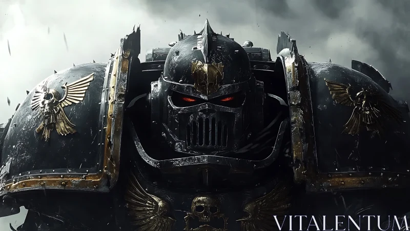 Armored gothic supersoldier glares through storm haze.