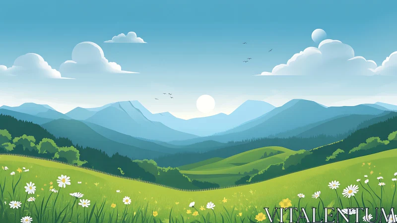 Gentle sunrise brightens quiet green hills and distant mountains