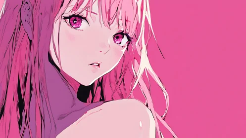 Neon pink anime portrait with luminous reflective eyes.