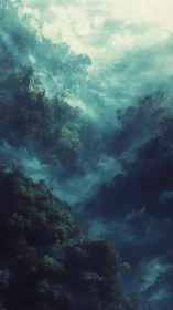 Misty Mountain Valley Shrouded in Ethereal Turquoise Mist.