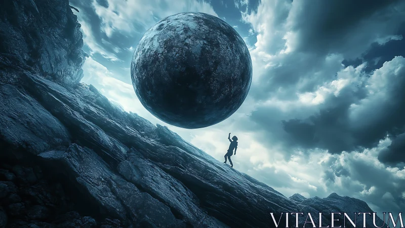 Mythic climber salutes a hovering stone moon of burden.