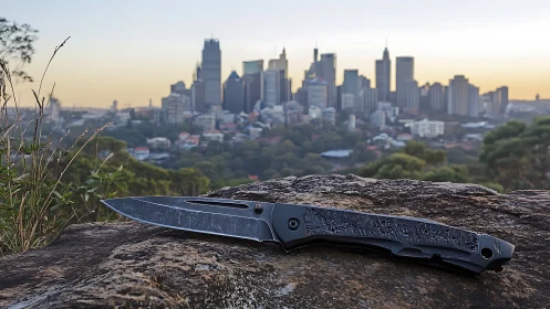 Urban-edge folding knife resting above sunrise skyline.