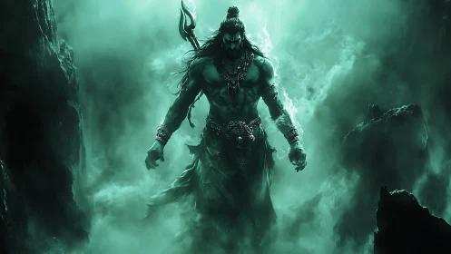 Mythic warrior emerging through emerald infernal mist digital painting.