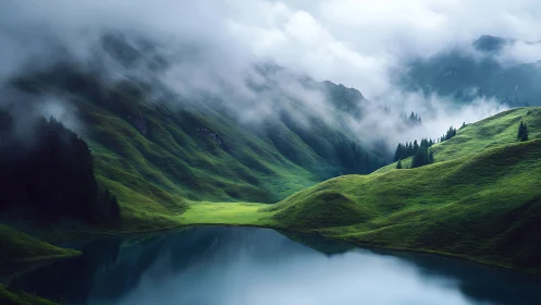 Mist-draped alpine valley with reflective glacial lake basin