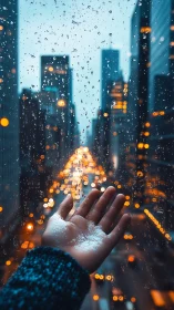 Hand with snow against rainy window over city lights.