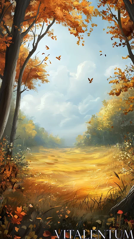 Autumn meadow opens beneath towering trees in warm light