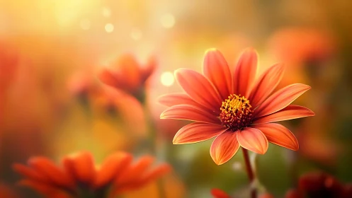 Coral-Red Gerbera Daisy with Golden Stamen Detail in Soft-Focus Garden Setting